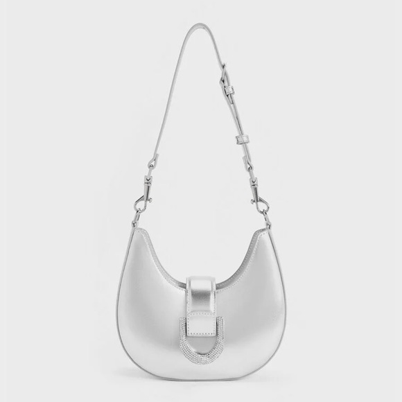 Charles & Keith Handbags - Gabine Metallic Leather Gem-Embellished Hobo Bag - Silver